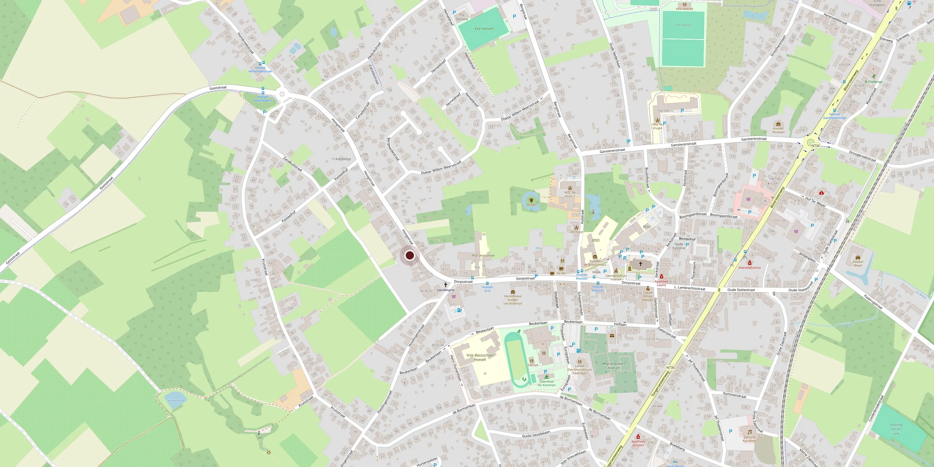 Map of Hoeselt showing the location of Mahshid Salon, Hoogstraat 19