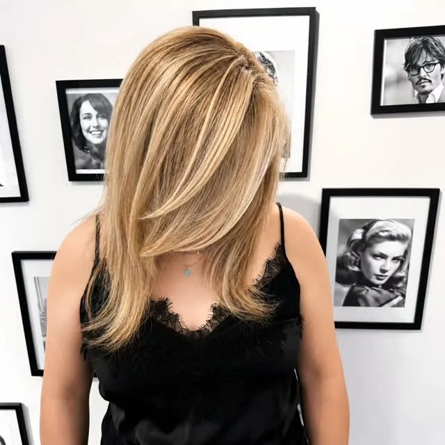 Long blonde hair with layers and natural movement